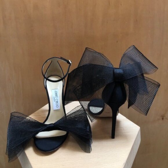 JIMMY CHOO Aveline Black Tulle Bow Ankle Strap Open Toe High Heel Sandals - Picture 1 of 8